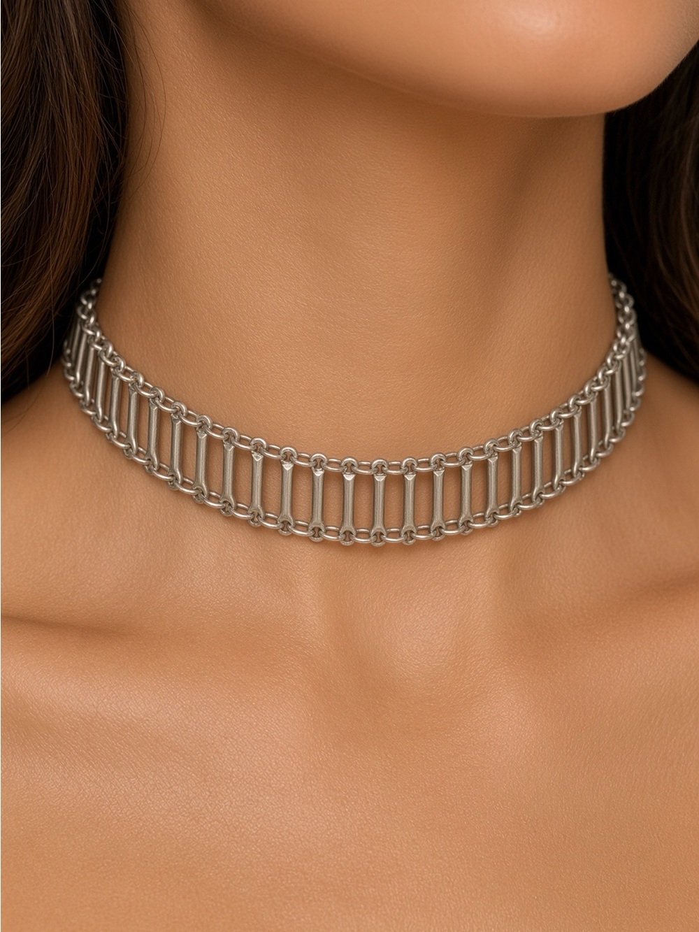 Silver Tone Ladder Bar Link Choker Necklace ~16” Unsigned Statement